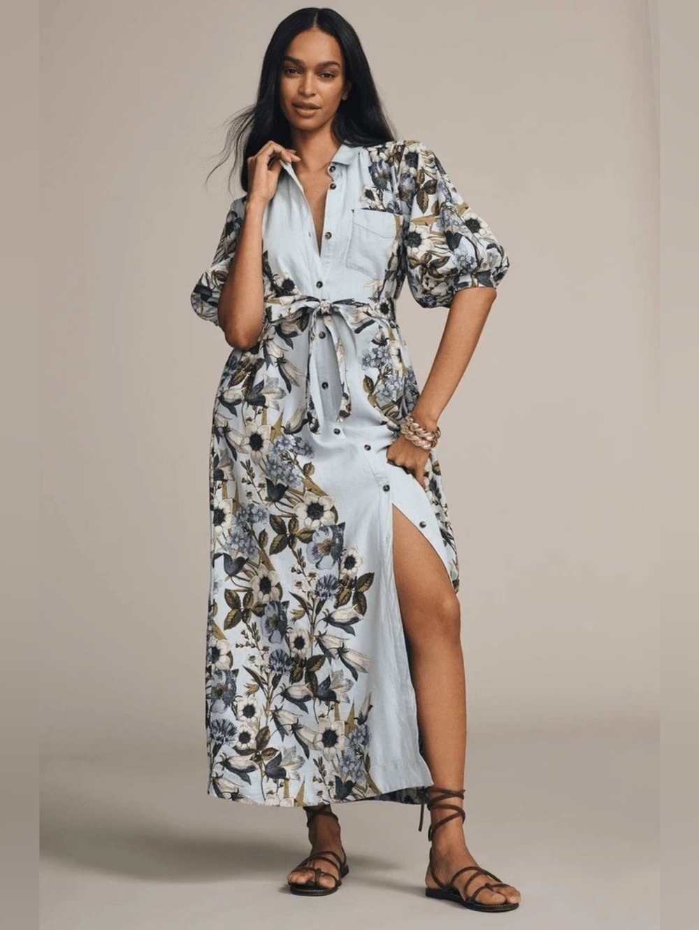 Anthropologie Light Blue Floral Maxi Dress with Tie Waist - Picture 2 of 7